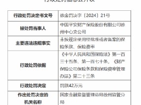 平安产险徐州中心支公司被罚42万元：因未按规定使用经批准或者备案的保险条款、保险费率