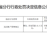 江苏大丰江南村镇银行被罚15.5万元：违反账户管理规定