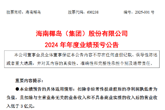 海南椰岛：预计2024年净亏损1.42亿元，公司股票可能被实施退市风险警示